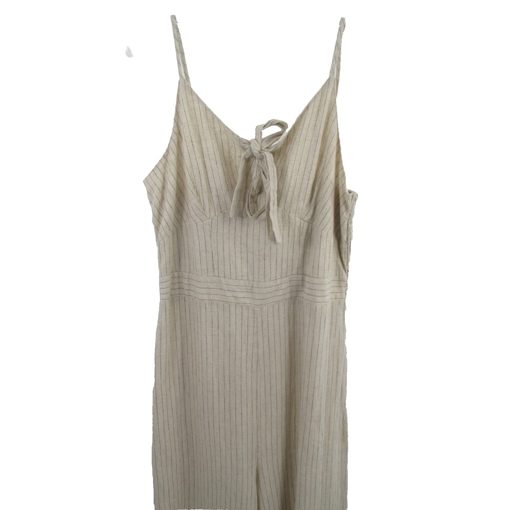 JAPNA Women L Beige Striped Linen Blend Boho Beach Wide Leg Jumpsuit